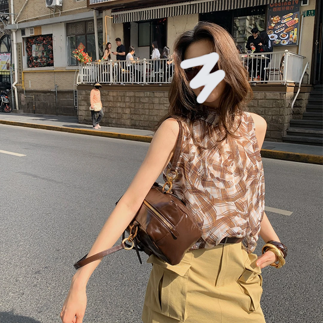 复古撞色格纹雪纺衬衫女款2025夏季新款外穿显瘦气质无袖背心上衣