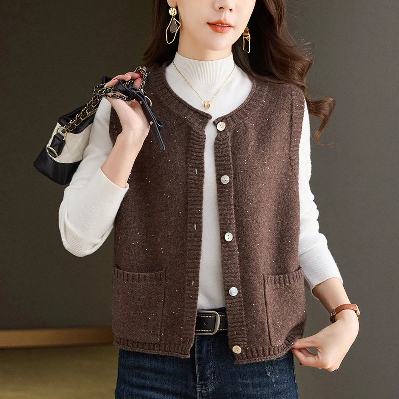 高级感亮片马甲春季纯羊毛女士上衣2025新款外搭无袖针织外套时尚