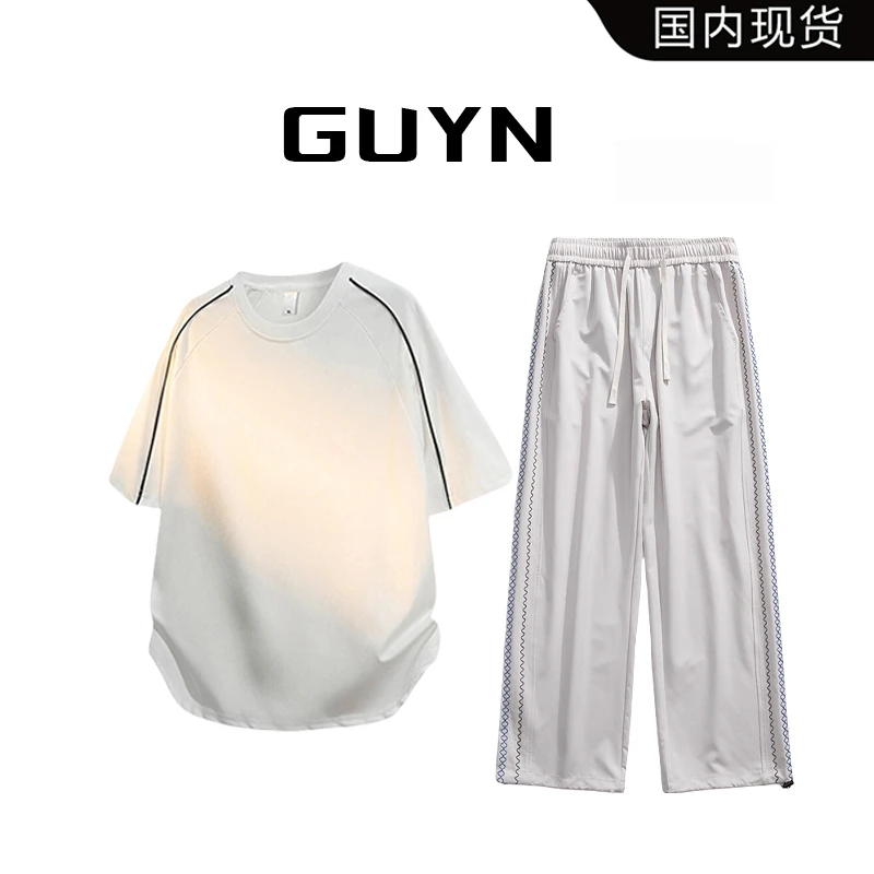 【品牌现货】GUYN美式复古条纹设计宽松百搭短袖时尚直筒裤休闲套装
