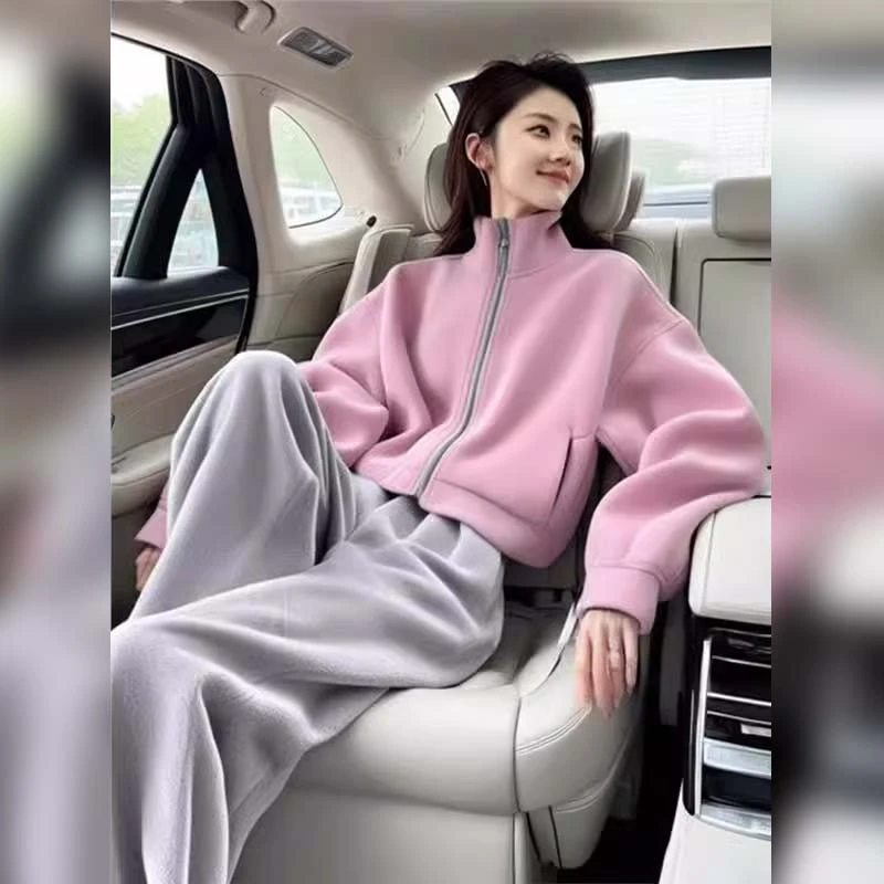 2025春秋季新款女士粉色外套灰色阔腿裤小个子宽松休闲风穿搭套装