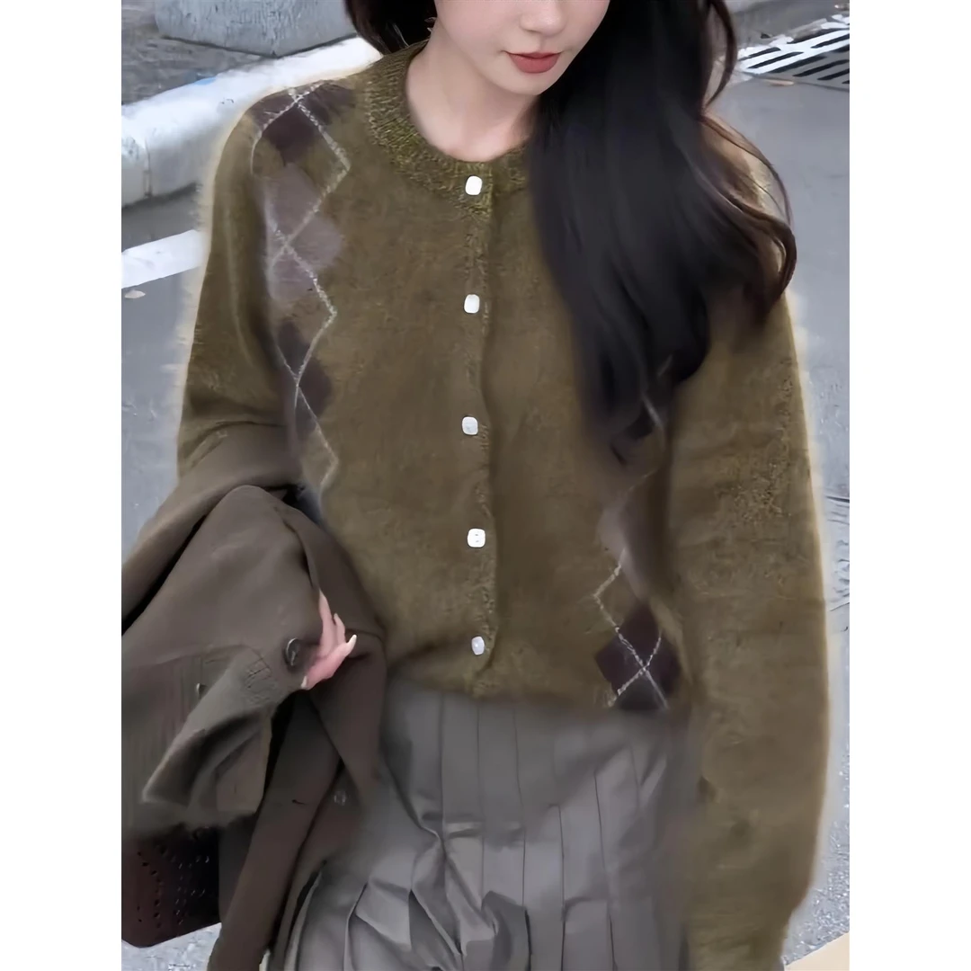 好看！一眼就喜欢上了！韩版慵懒风毛衣菱格纹长袖好看针织开衫上衣