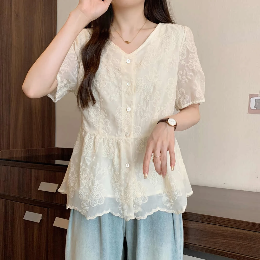 <701>A拼接常规镂空薄款长款夏季衬衫短款设计感文艺复兴风