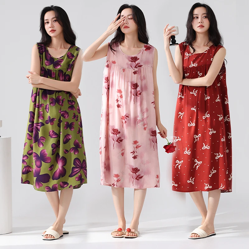 棉绸睡衣裙中长款无袖连衣裙夏季新款碎花裙中青年吸汗透气家居服