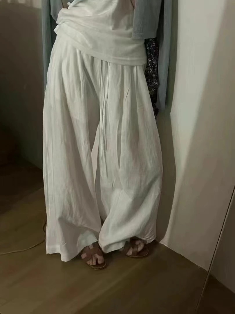 老钱风松弛感夏高腰白色苎麻阔腿拖地休闲裤女百搭宽松显瘦直筒裤