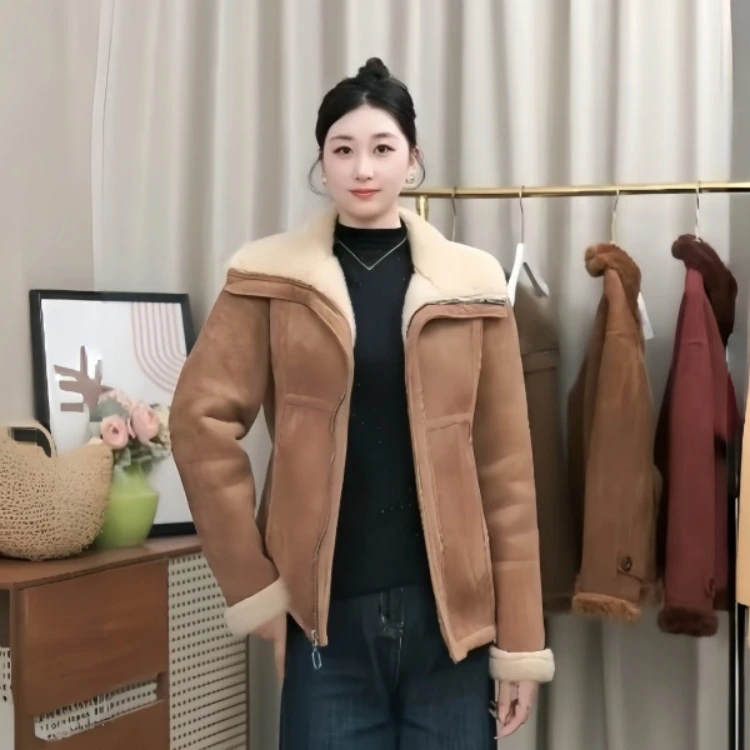 2025新款宽松型女保暖休闲风常规款短外套加厚秋冬棕色翻领