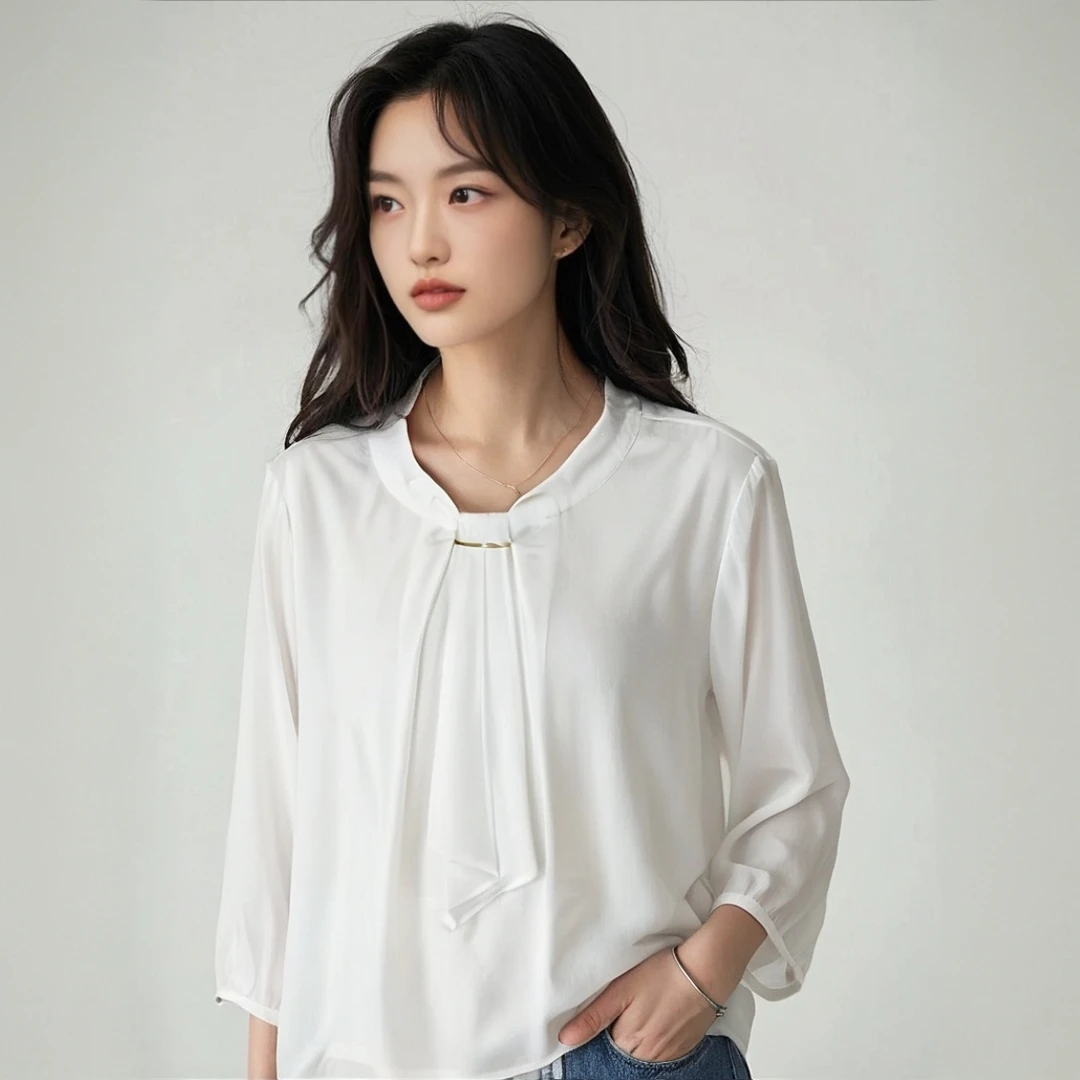 出口日本 女款雪纺九分袖气质衬衫 宽松白色OL风 带领结