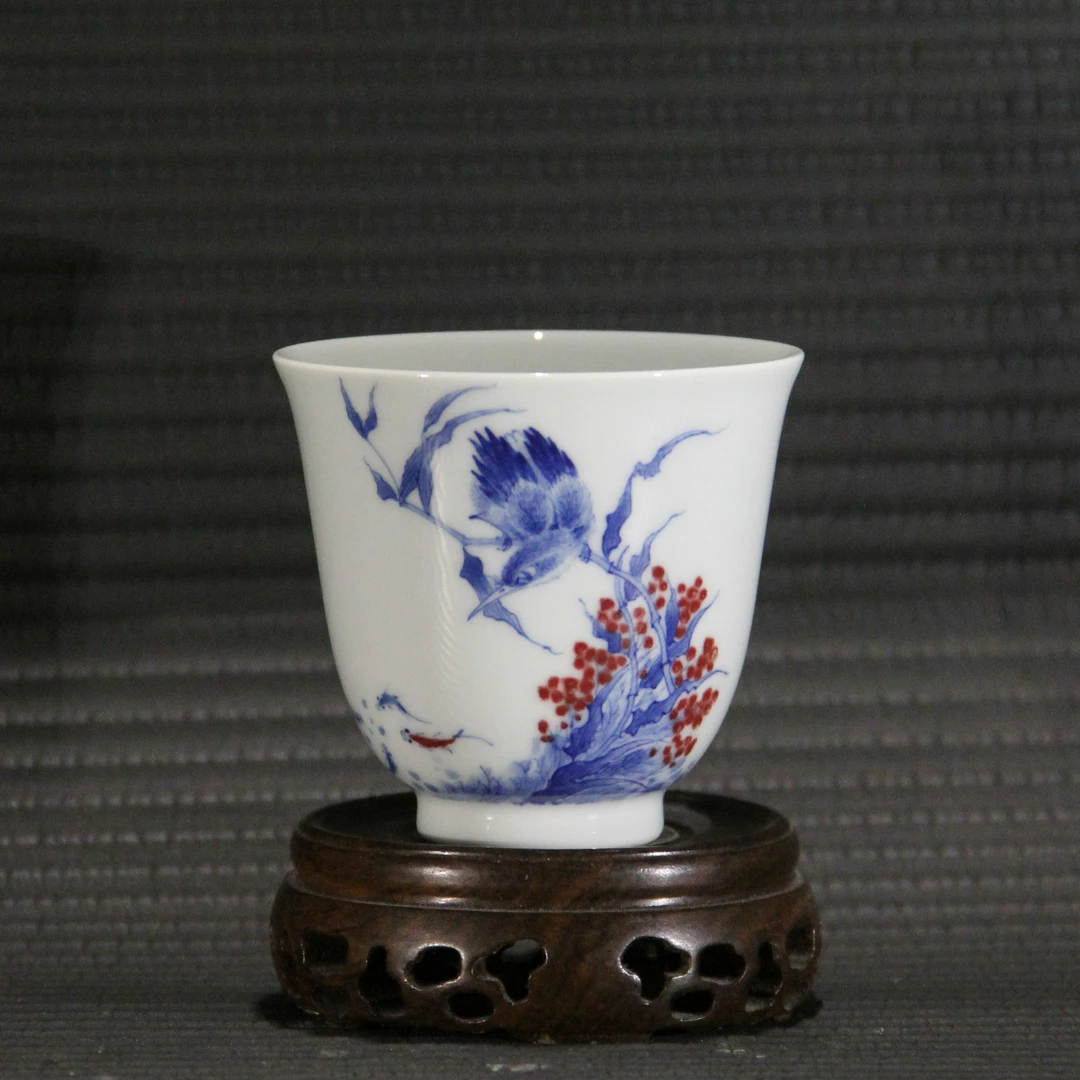 青花釉里红单翠鸟主人杯口径7.1厘米 高6.5厘米全手工