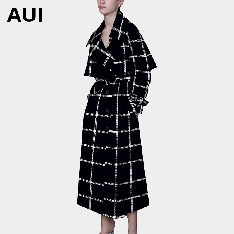 【七语专属】AUI欧洲站格子中长款风衣御姐气质修身大衣-18Q2762