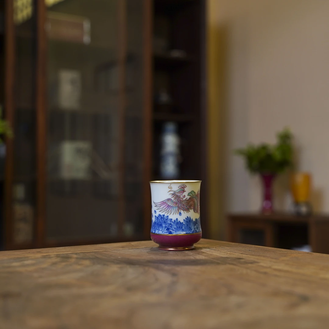 【非遗甄选】玫瑰红青花描金万花凤凰-华隐堂-主人杯（华隐S0686）