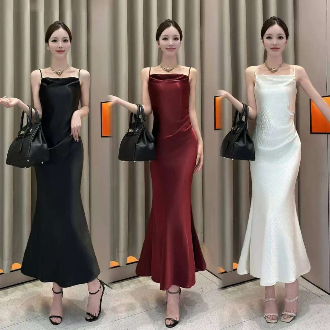 【自由灵魂】夏季名媛风气质洋气吊带褶皱连衣裙后拉链双层中长款女