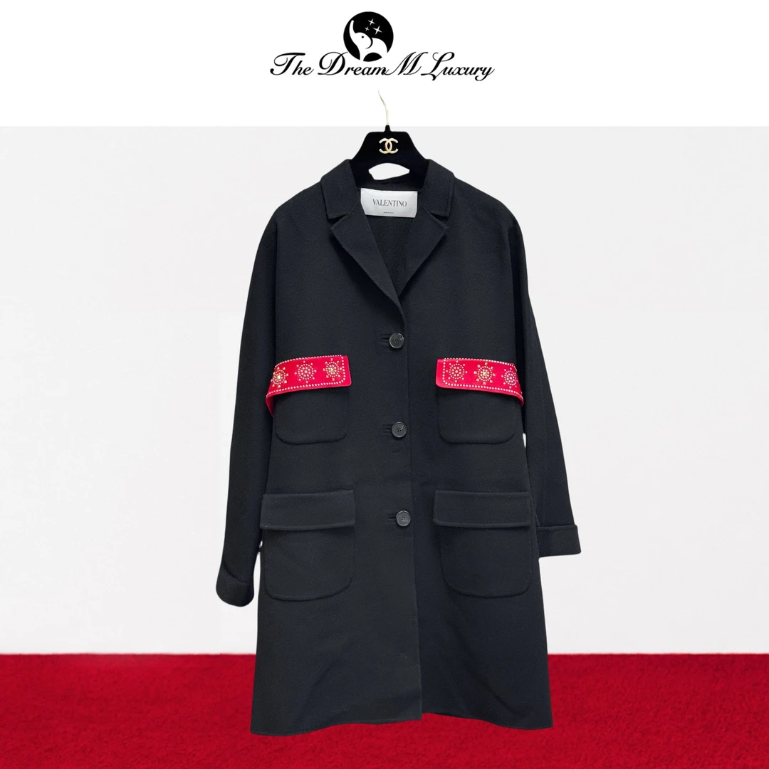 99新 Valentino/华伦天奴 42码 黑色拼红色腰带 四口袋 长袖 大衣