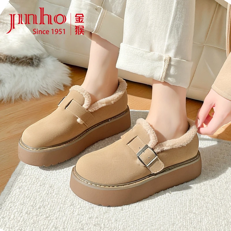 Jinho/金猴冬季加绒厚底勃肯鞋女款棉鞋雪地靴软底毛毛鞋Q49129B