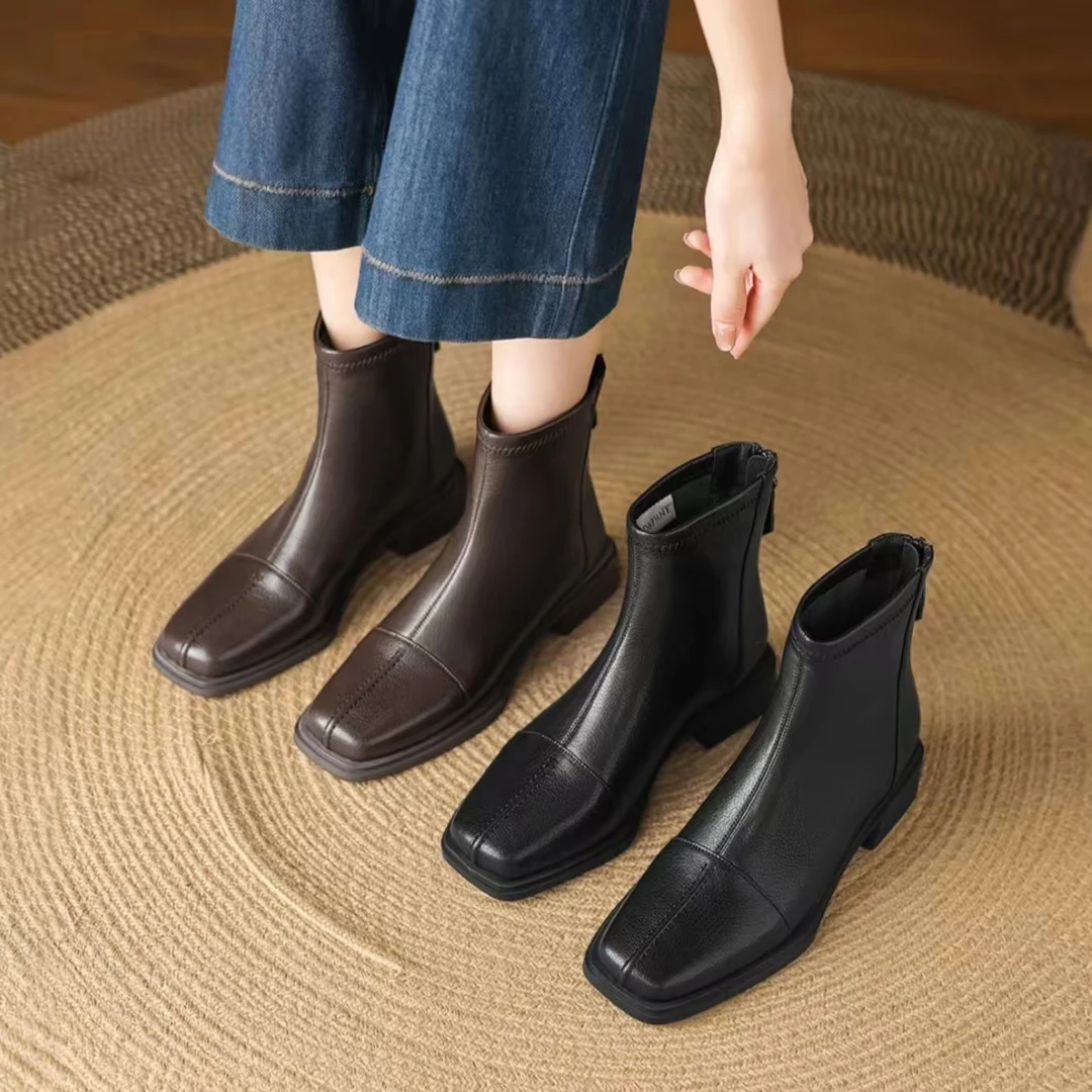 复古小短靴女2025新款软皮秋冬季加绒粗跟弹力瘦瘦靴子女8927