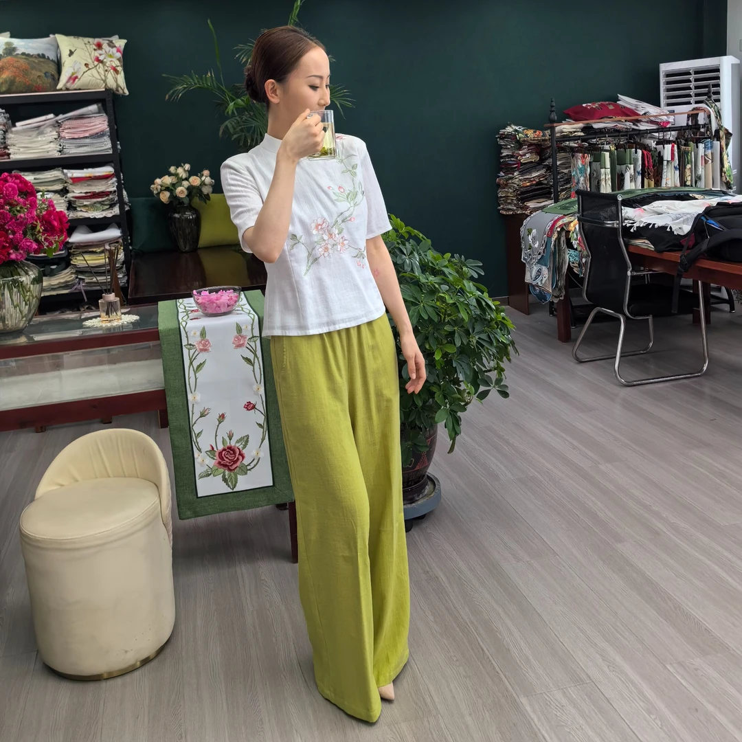 夏季薄款纯色文艺古风复古女款时尚提花阔腿裤宽松长裤国风绿色
