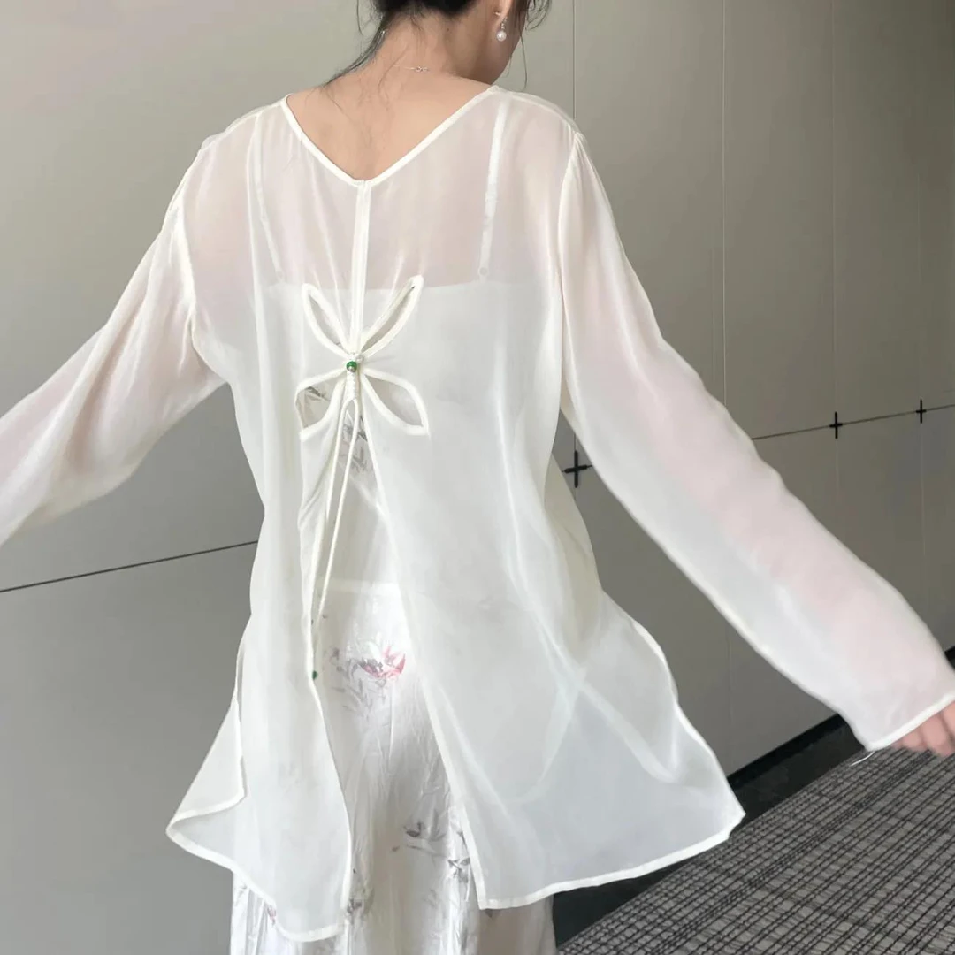 白色不规则后背开叉冰丝防晒罩衫女夏季薄款外搭空调衫设计感上衣