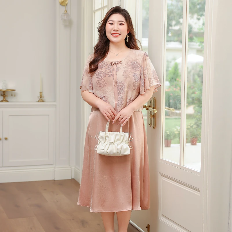 贵夫人圆领民族风薄款百褶裙大码女装高贵显瘦长裙