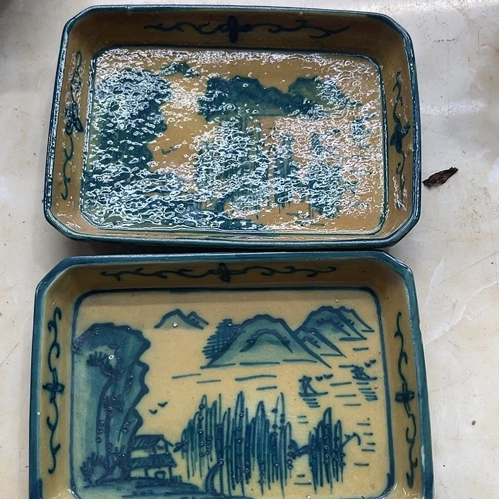 陶瓷制品摆件豆青山水茶盘微瑕介意勿拍