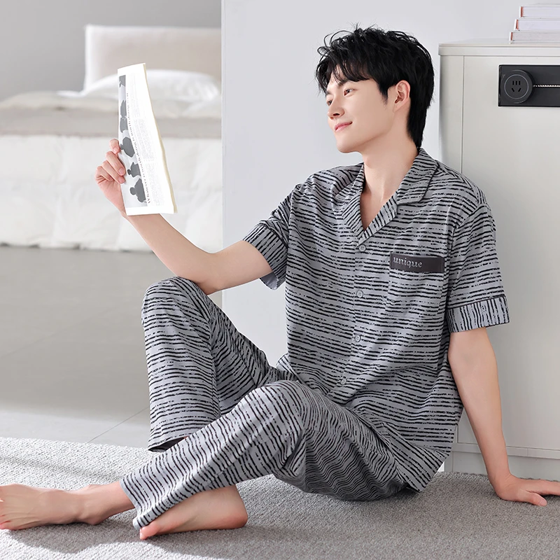 【100%纯棉】高档男士夏季短袖长裤睡衣套装家居服全棉睡衣薄款