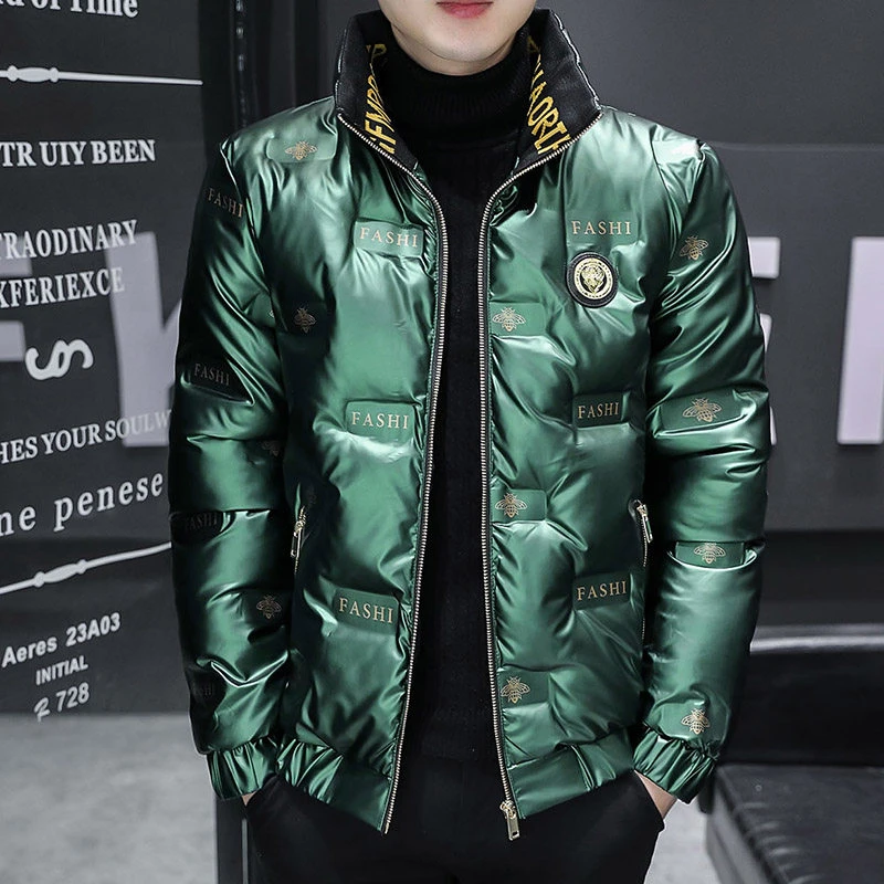 欧洲站冬季新款男士潮流时尚帅气百搭爆款亮皮印花棉衣外套