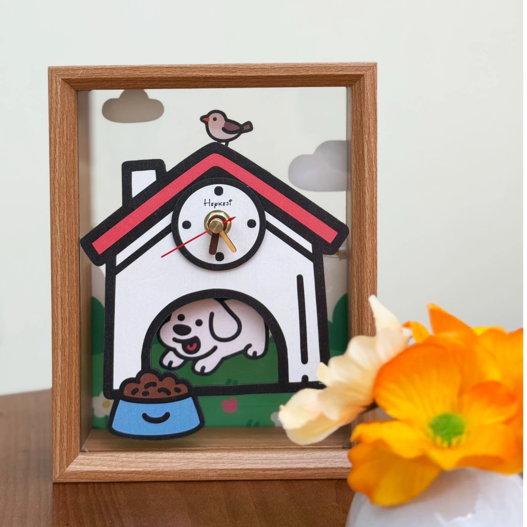 小狗和鸟送礼潮玩拼装3D模型DIY礼物摆钟桌面玩具儿童书柜装饰