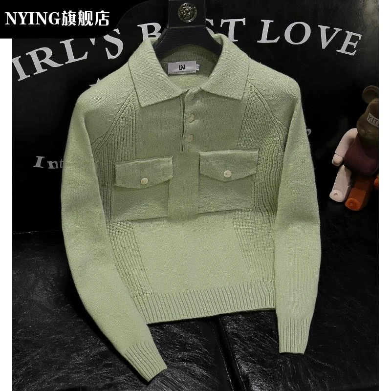 NYING秋冬男士修身毛衣时髦翻领毛衣工作加厚纯色百搭针织Polo衫