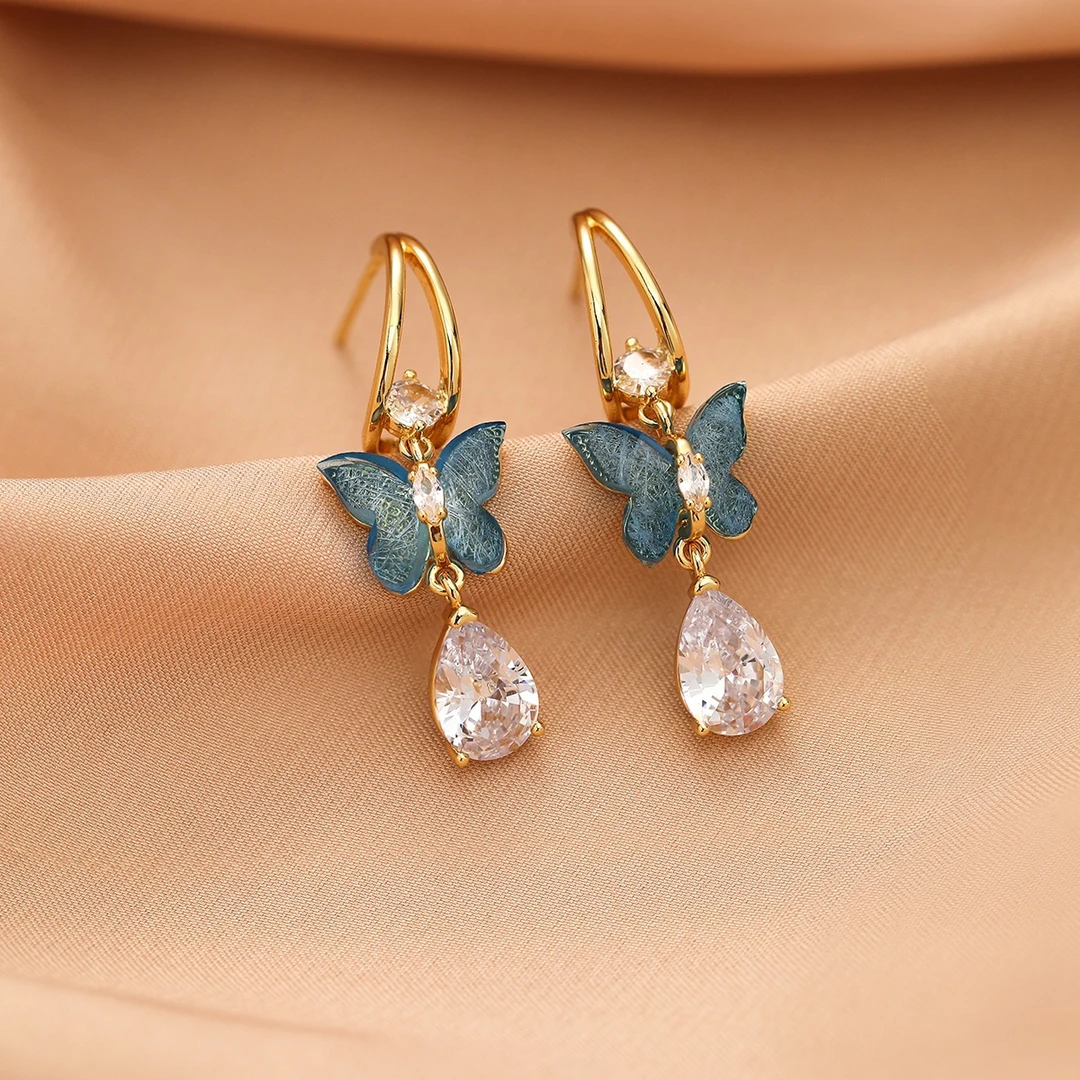 铜合金锆石耳饰 373#超仙蝴蝶渐变锆石耳环气质耳坠轻奢时尚耳饰