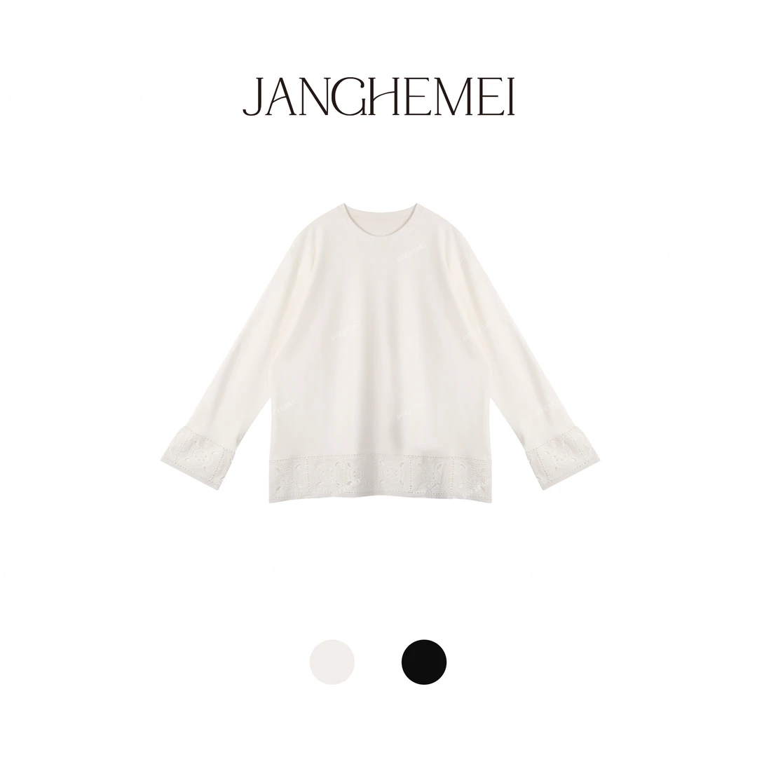 JANGHEMEI【少女栀子】设计感拼接镂空长袖宽松纯色T恤 T26304M43