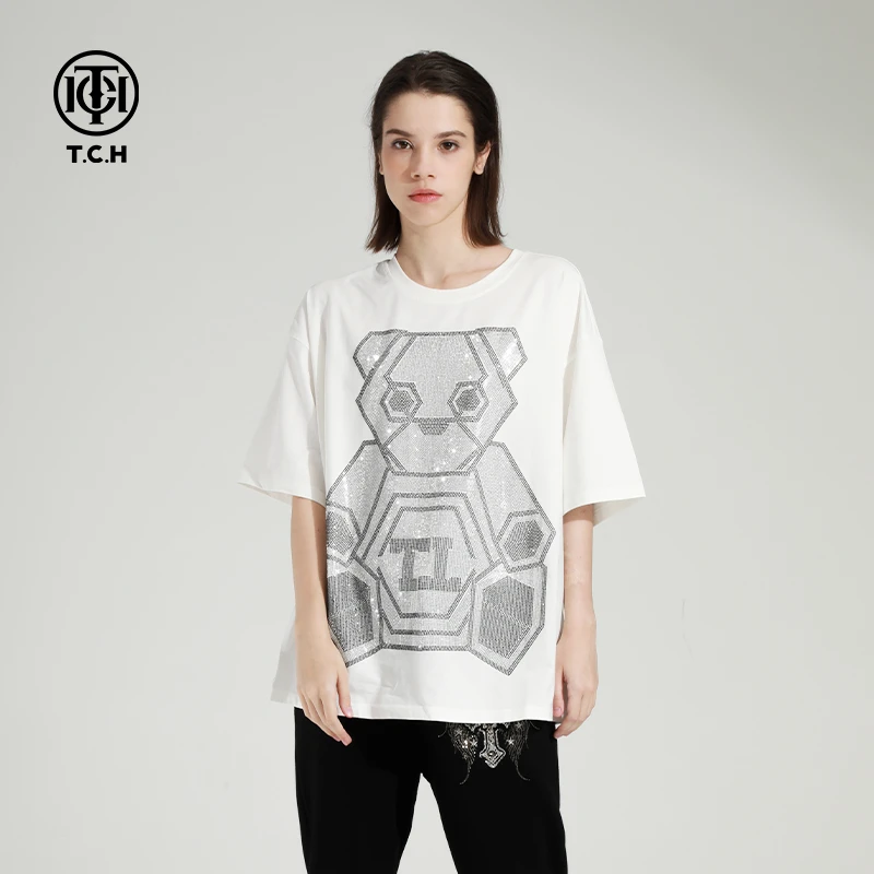 奥莱-TCH潮牌新款几何熊烫钻时尚白色T恤男女同款T21110C6181
