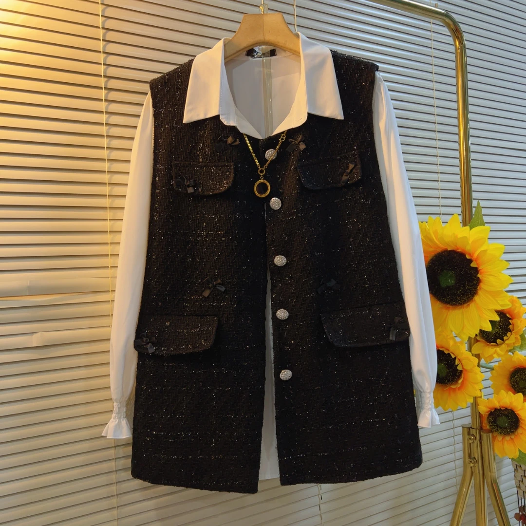 春季新款小香风时尚洋气马甲衬衫两件套