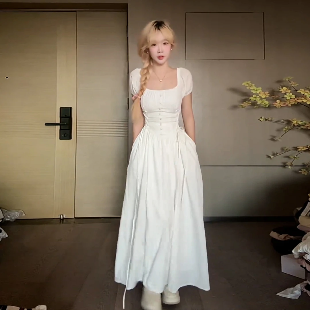 小个子甜美可爱风格衣服白色方领连衣裙子女夏高级感收腰显瘦长裙