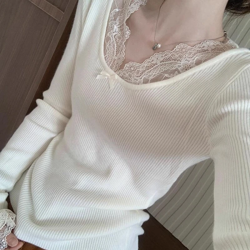 设计感蕾丝拼接打底衫2025秋季新款韩版百搭休闲修身显瘦上衣小衫