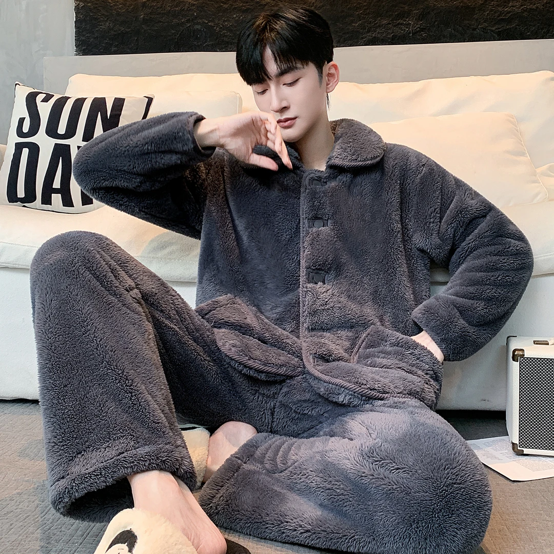 【蓄热保暖】可外穿男款雪花绒秋冬套装家居服睡衣加绒加厚法兰绒