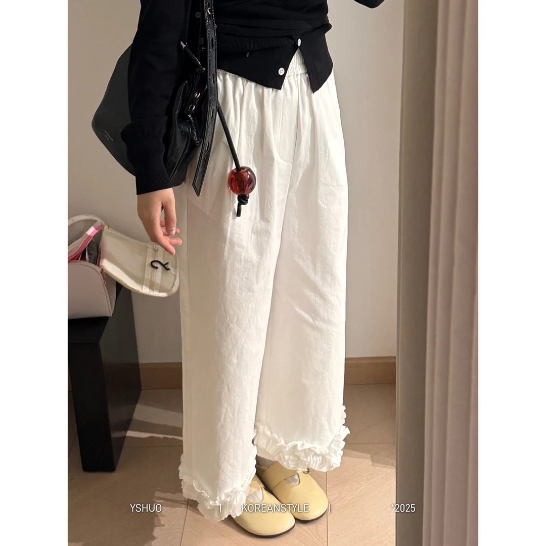 【春日来信】春季新款设计显瘦高腰裤口立体卷曲花朵裤子 8852