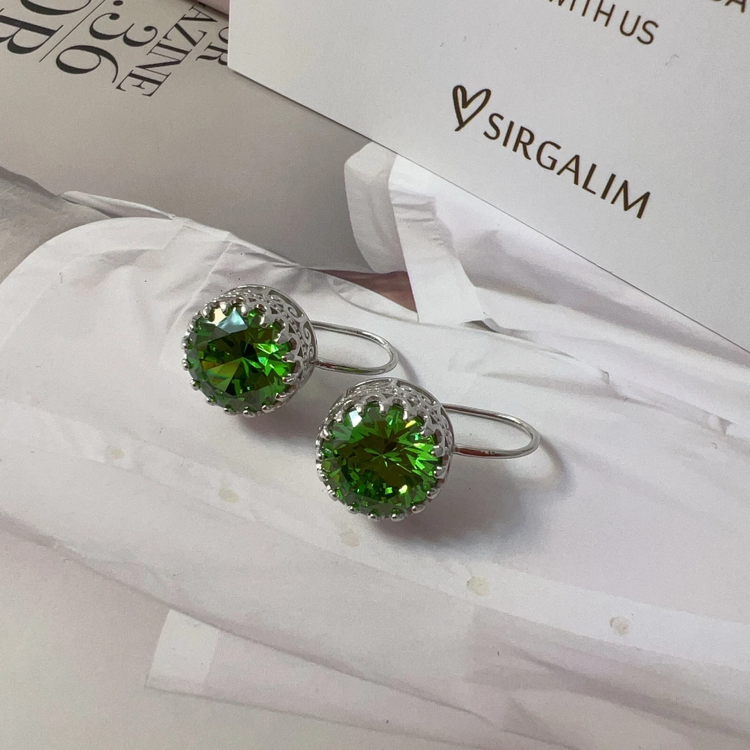925银仿水晶耳饰 SIRGALIM银饰  复古绿水晶耳环