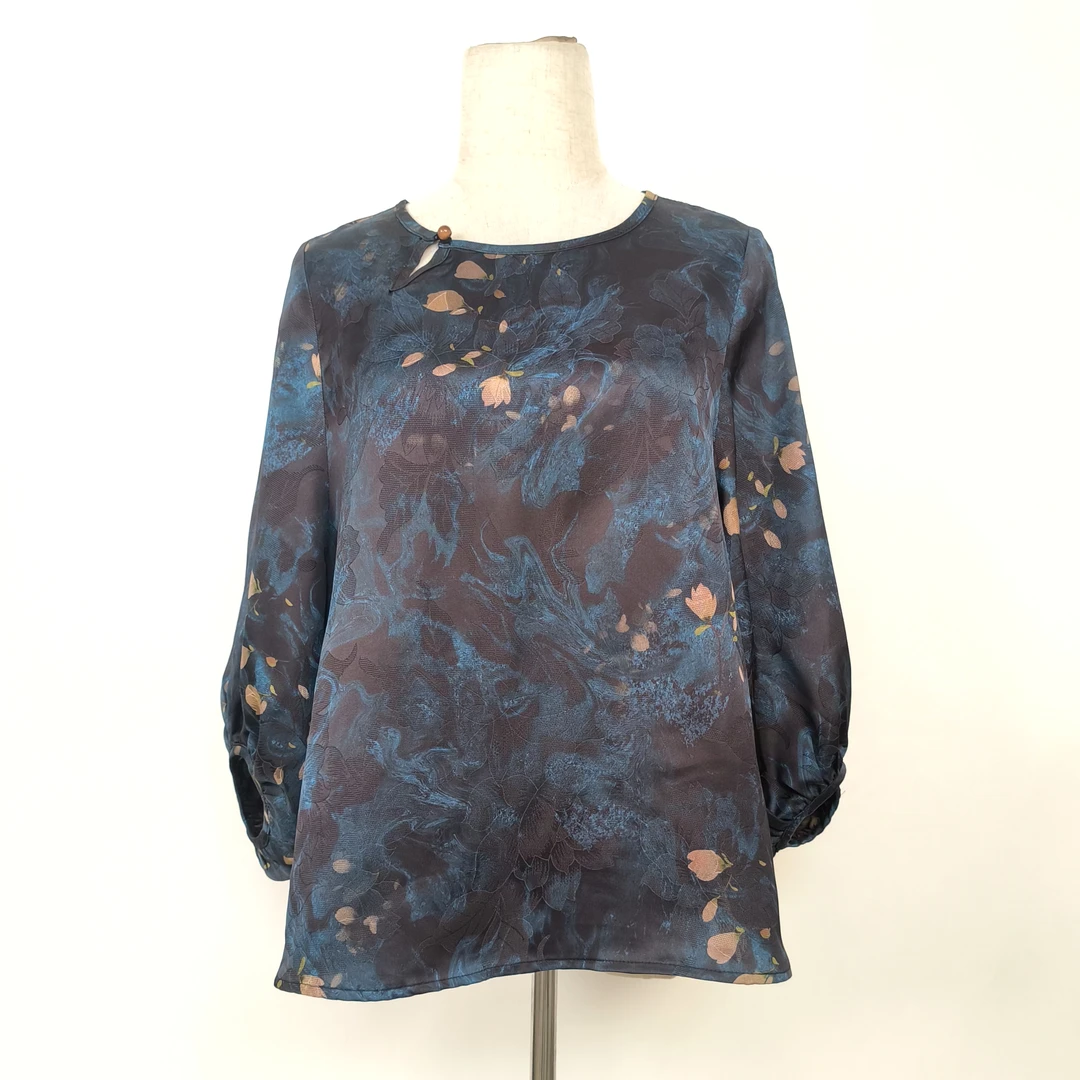 【断码上衣03】100%桑蚕丝香云纱长袖提花百搭女士水墨扎染气质小衫