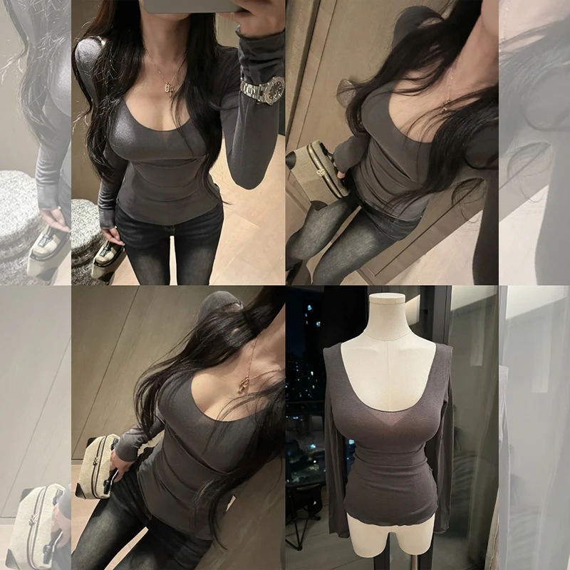 韩系u领高级感别致面膜长袖t恤女春秋性感修身薄款打底衫内搭上衣