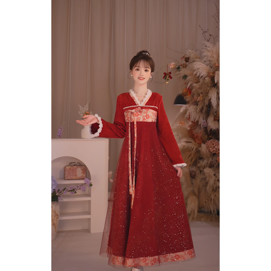瑶西【红裕鎏金】冬季国风原创新款丝绒洒金长袖国风汉服连衣裙