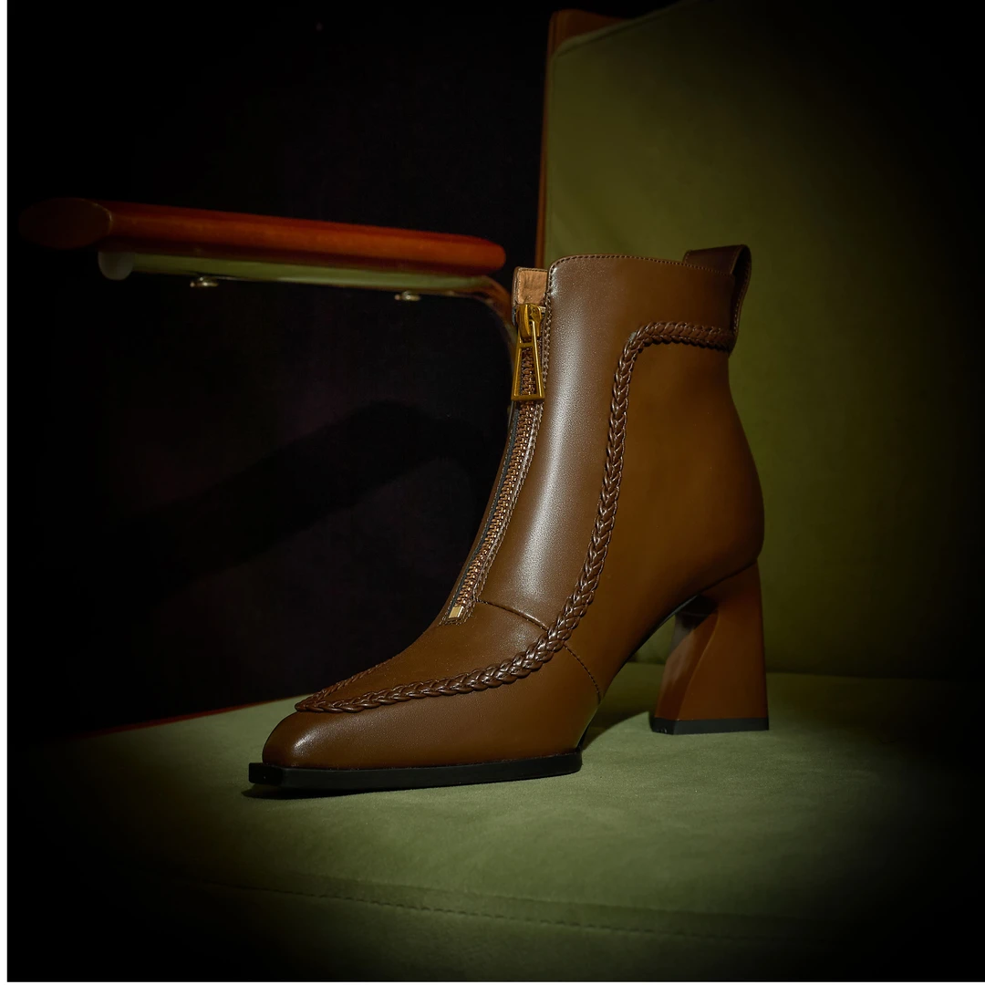 【牛皮】 6厘米 2024年秋冬季方头气质时尚粗跟真皮短靴SGX105