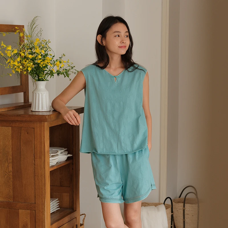 朵朵可可睡衣女2025夏针织提花V领盘扣无袖短裤家居服DZ176