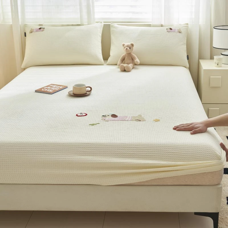 §纯棉华夫格毛巾绣床笠 柔软亲肤床罩防尘保护套春夏床上用品家用