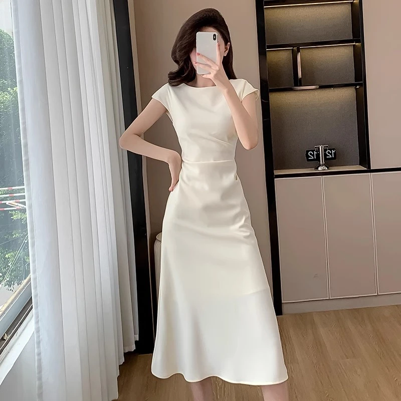 法式白色气质连衣裙女夏季夏装新款收腰显瘦中长鱼尾包臀裙子