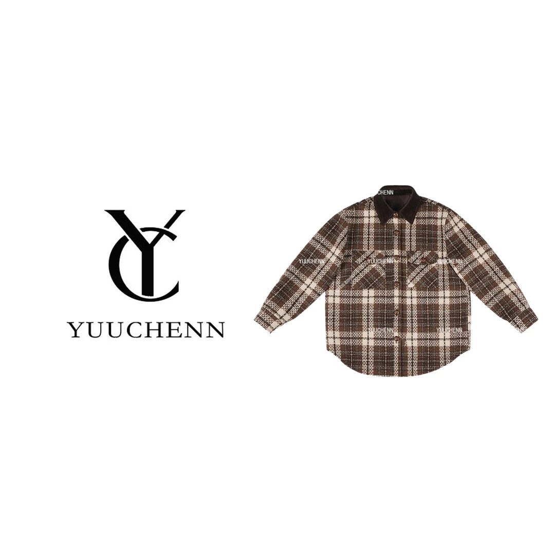 YUUCHENN绵羊毛格子扣子春秋纽扣衬衫外套格纹经典上衣23C19976