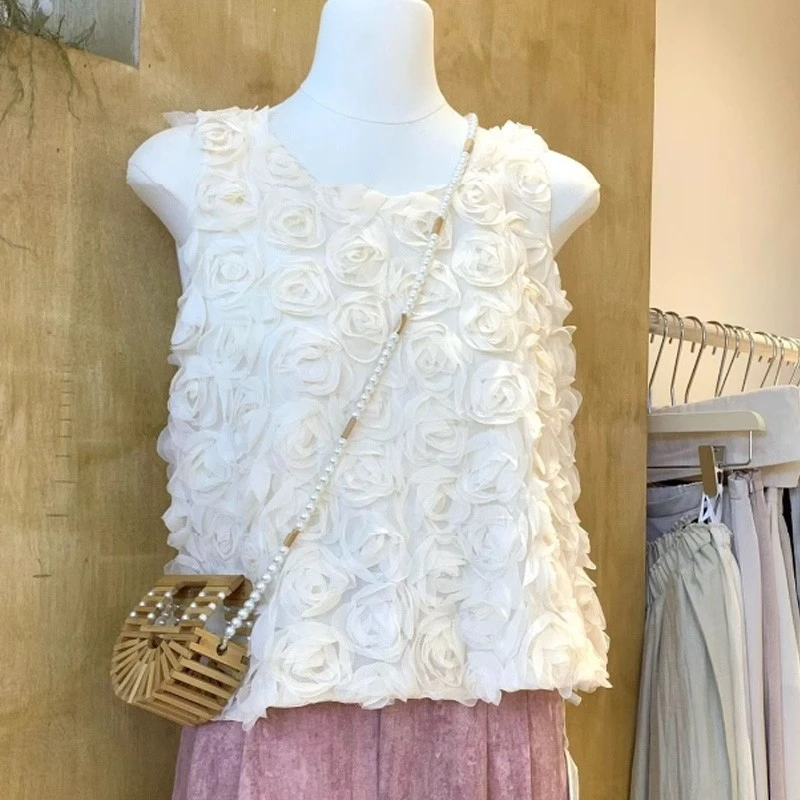 2025夏季新款法式气质立体玫瑰花无袖背心上衣女设计感小众雪纺衫