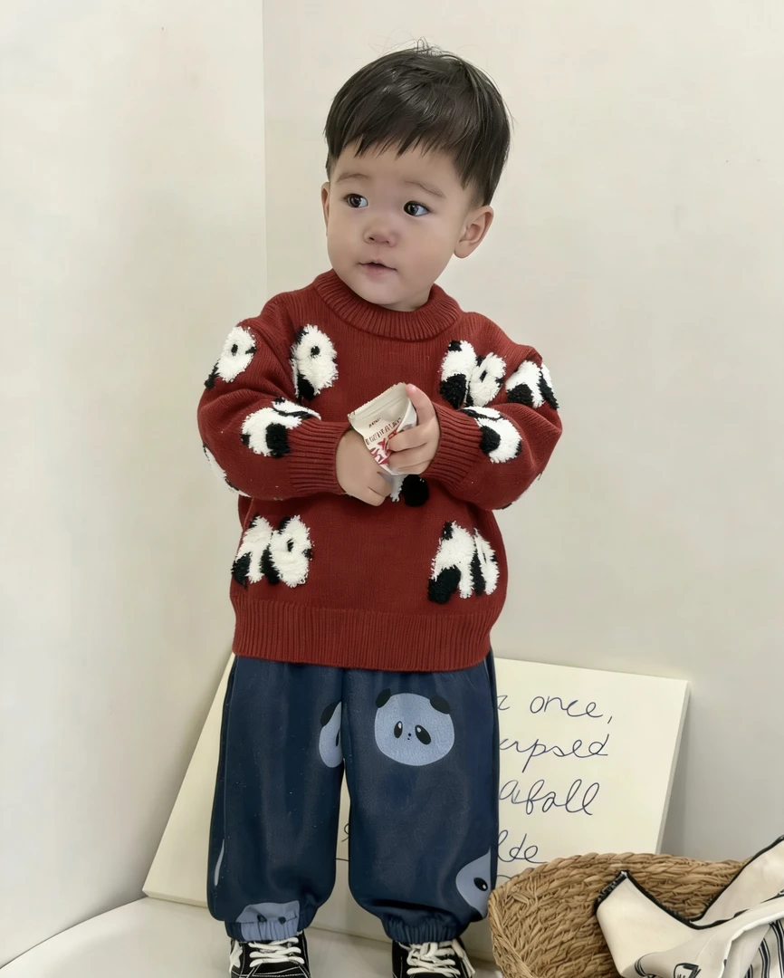 【立体熊猫红色毛衣】儿童家居服