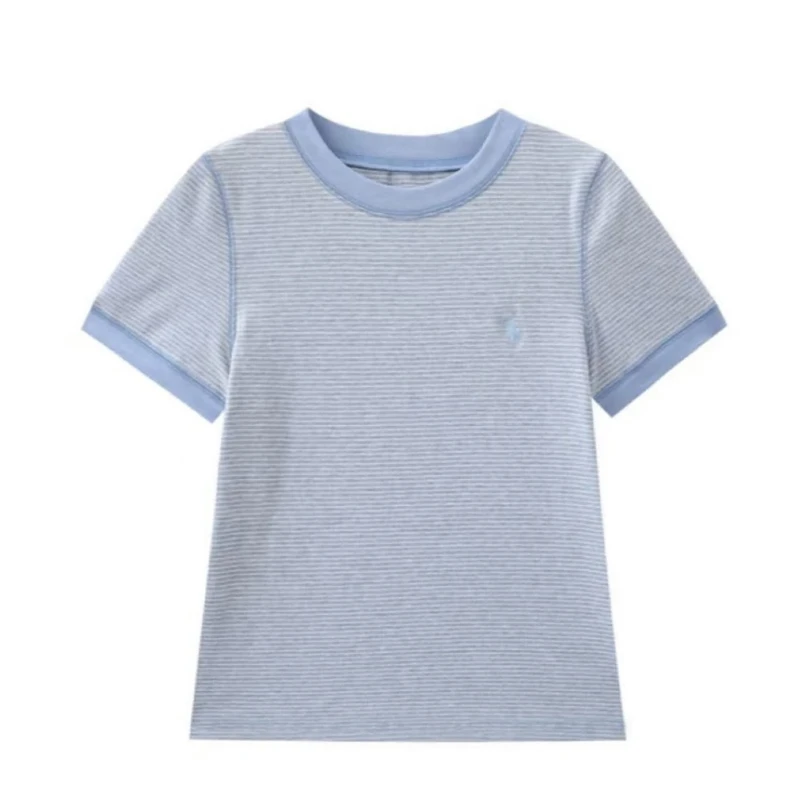 2025春季新款拼接撞色条纹正肩短袖T恤女高级感上衣2004