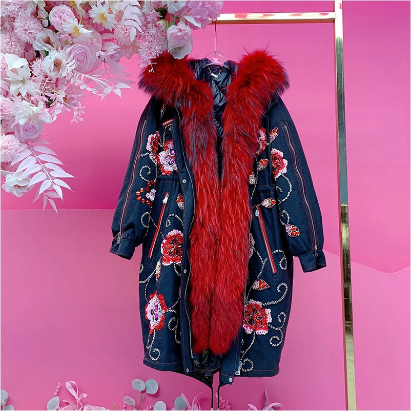 A4933欧美设计师2025冬季新款钉珠刺绣花狐狸毛羽绒派克服外套女