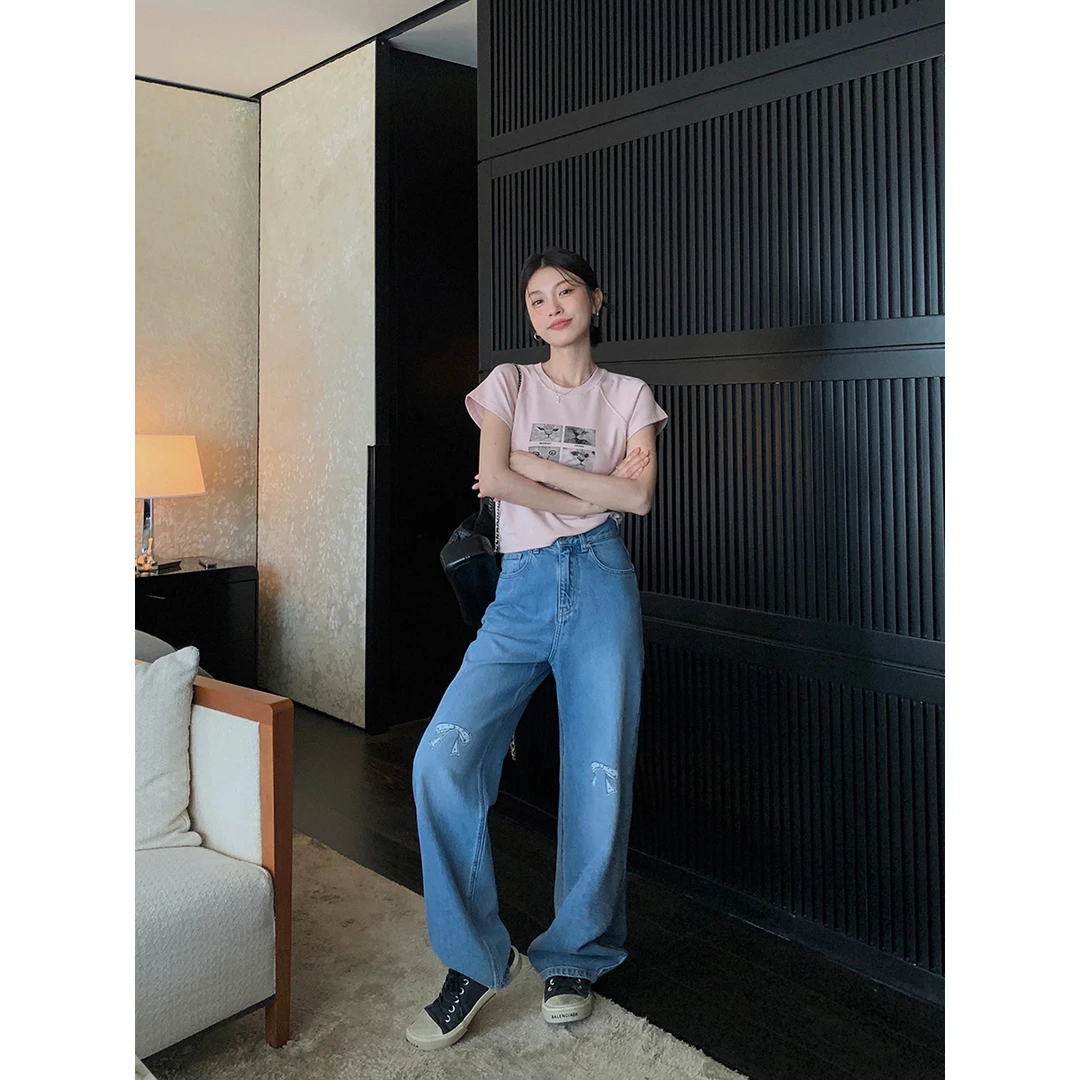 张贝贝ibell复古高腰牛仔裤女 设计感蝴蝶结印花宽松显瘦直筒长裤