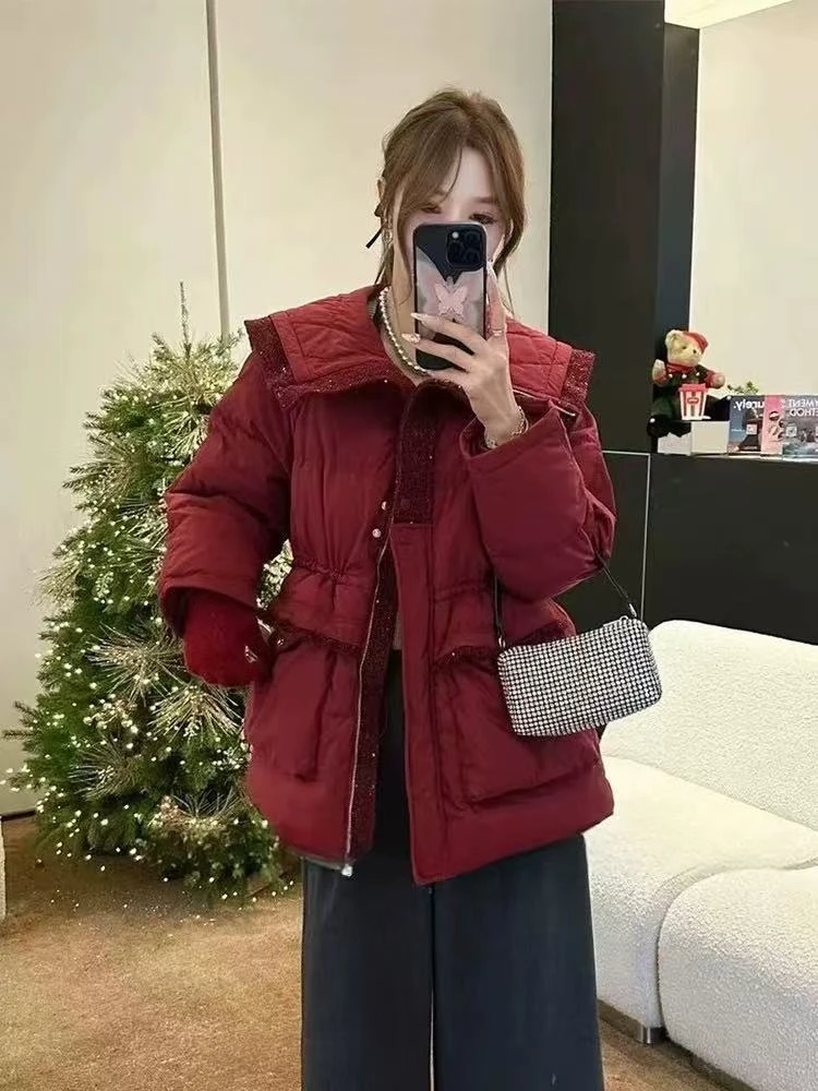 恒鑫安海军风大翻领拼接香风亮片收腰百搭羽绒服外套-6636