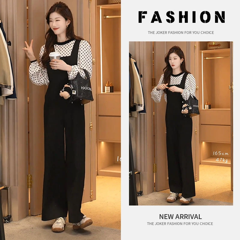 早春一整套女装2025新款时尚风波点显瘦衬衫减龄直筒背带裤两件套