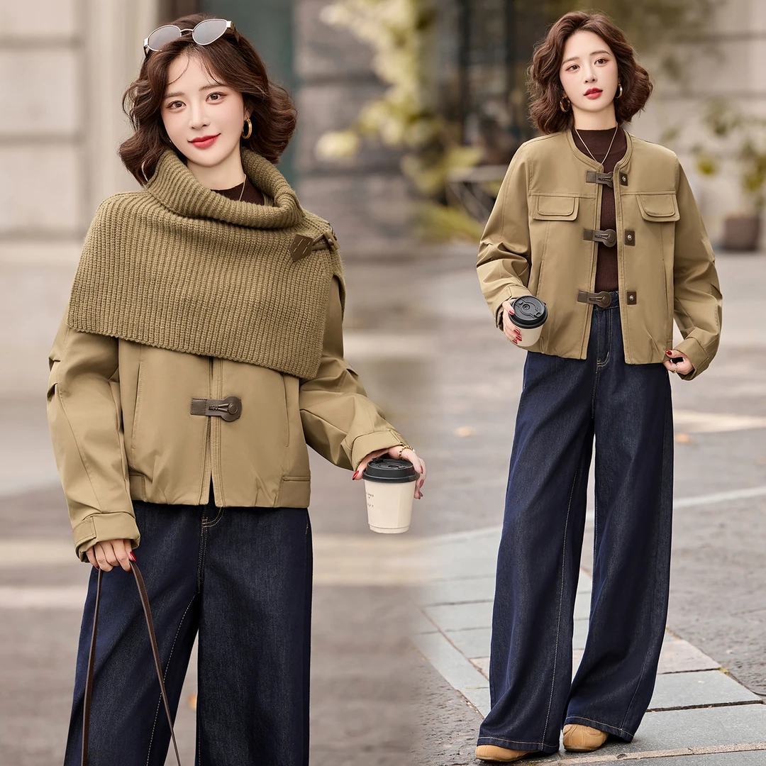 披肩夹棉立领外套2025秋冬装新款修身显瘦短款加厚保暖长袖棉服女